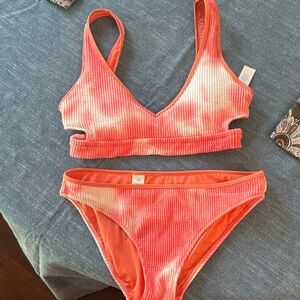 American Eagle Outfitters Coral Pink Tie-Dye Ribbed Bikini Set medium